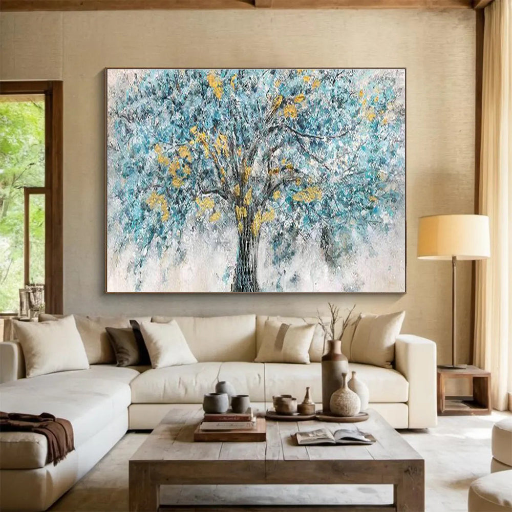 Blue Tree with Yellow Blossoms - Blue, Yellow & Gray Landscape Painting On Canvas DKH889