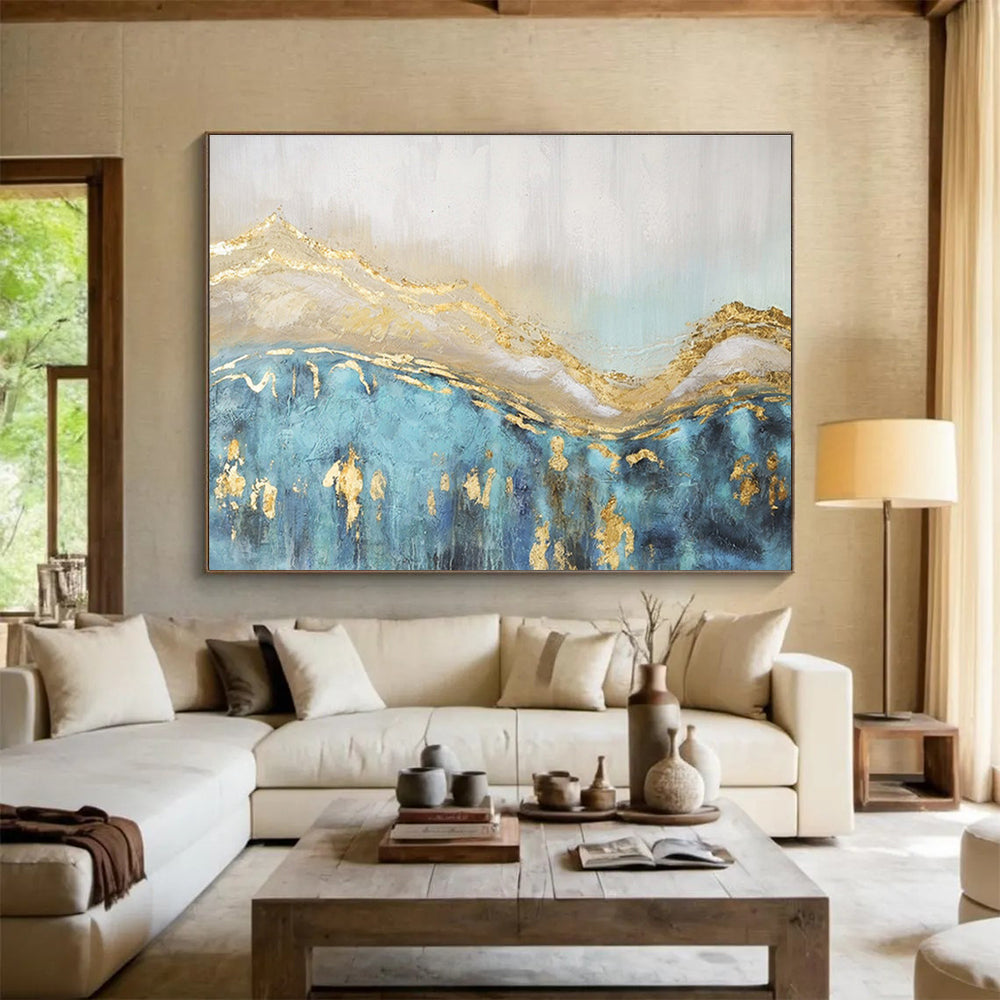 “Gilded Waves of Blue” - Blue, Gold, White Textured Abstract Painting On Canvas DKH733