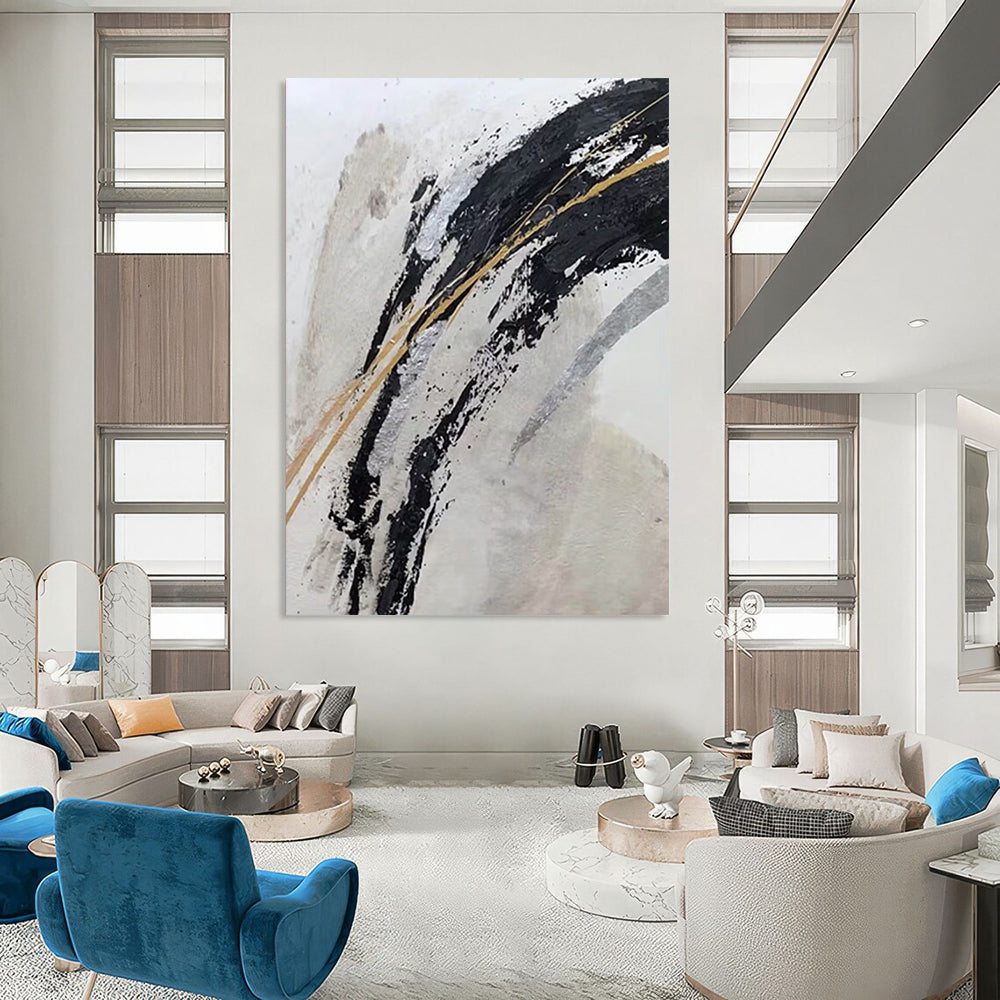 “Black, Gold, and Silver Swirls” - Black, Gold, Silver, White Abstract Painting On Canvas DTP249