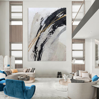 “Black, Gold, and Silver Swirls” - Black, Gold, Silver, White Abstract Painting On Canvas DTP249