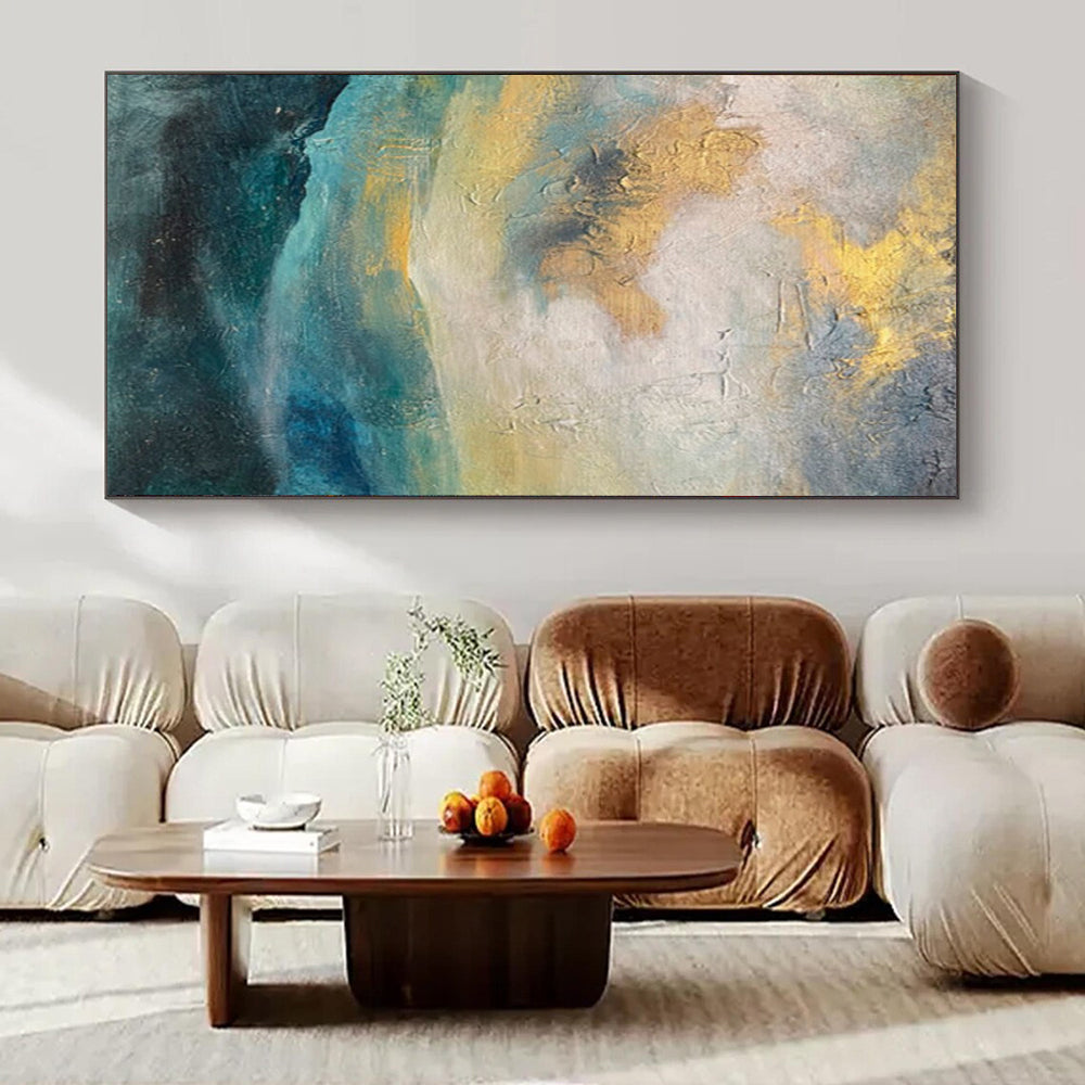 “Gold, Blue, Gray Hazy Landscape” – Abstract Landscape Painting CT1004