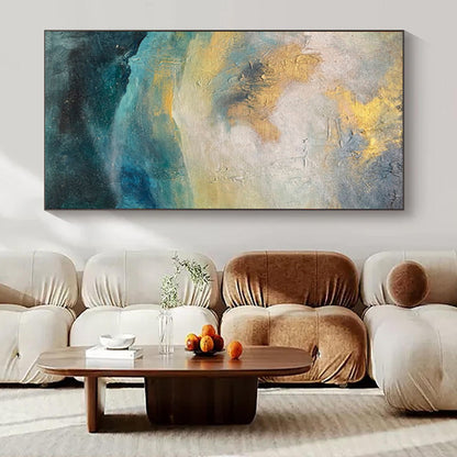 “Gold, Blue, Gray Hazy Landscape” – Abstract Landscape Painting CT1004
