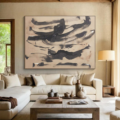 “Ink - Wash Abstraction” - Black, Beige Minimalist Brushstroke Painting On Canvas DKH735