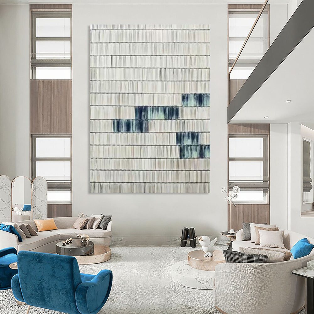 “Blue - Accented Textured Stripes” - Gray & Blue Minimalist Textured Painting On Canvas DKH1033