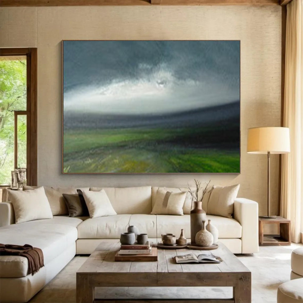 “Green, Gray, Blue Landscape ‘Moody Horizon’” - Abstract Landscape Painting On Canvas DLZ005