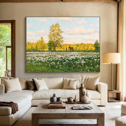 Meadow with Horse and Figure - Realist Landscape Painting On Canvas DLZ216