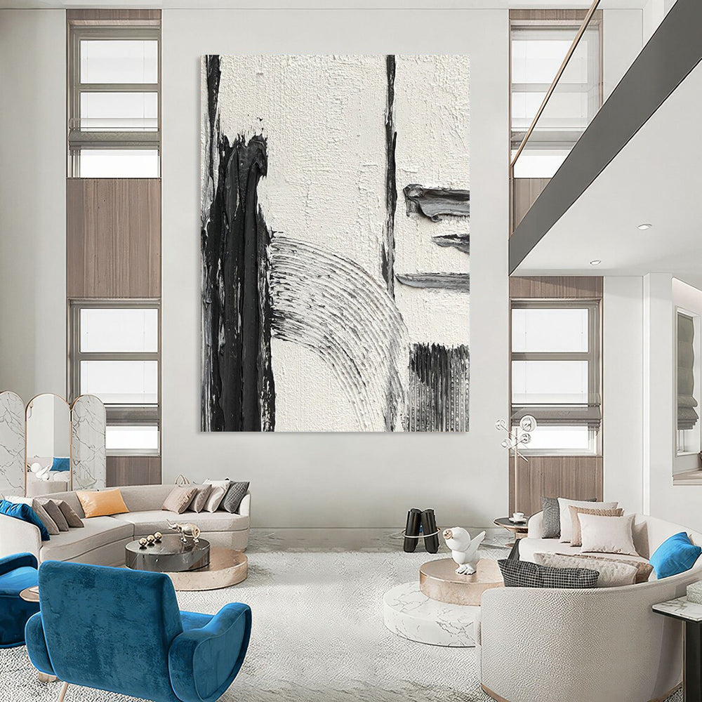 “White, Black Textured Shapes ‘Quiet Contrast’” - Impasto Abstract Painting On Canvas DTP386