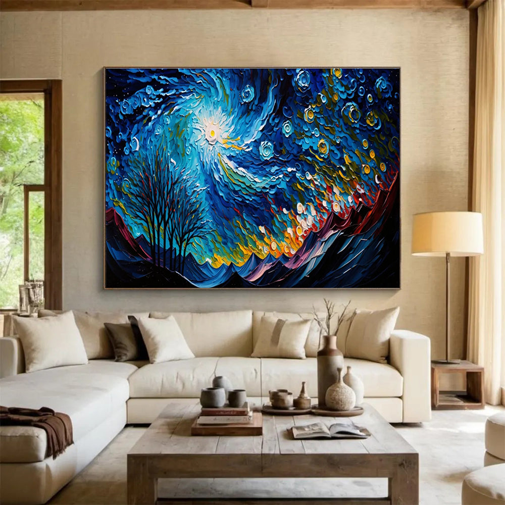 Swirling Starry Night - Blue, Yellow & White Abstract Sky Painting On Canvas DKH885