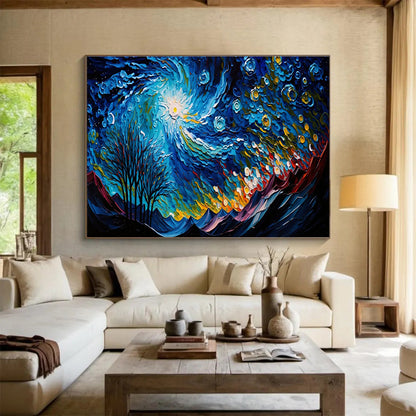 Swirling Starry Night - Blue, Yellow & White Abstract Sky Painting On Canvas DKH885