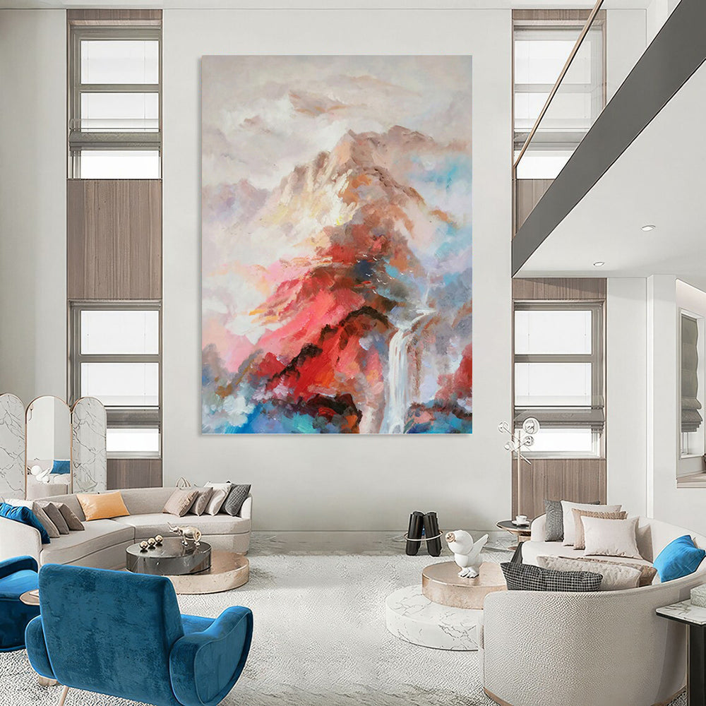 Colorful Mountain and Waterfall Landscape - Expressive Landscape Painting On Canvas DKH1348