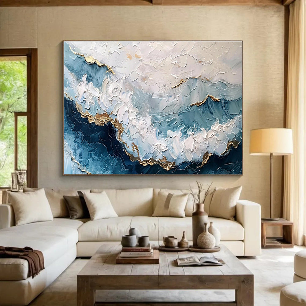 “Blue, White & Gold Textured Waves” Impasto Seascape Painting On Canvas DKH347