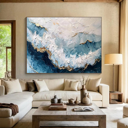 “Blue, White & Gold Textured Waves” Impasto Seascape Painting On Canvas DKH347