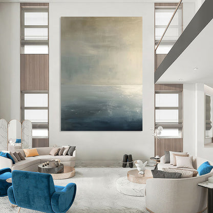 “Monochrome Abstract Horizon” - Gray, Blue, White Calm Layers Painting On Canvas DTP299