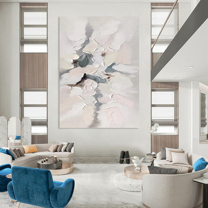“Soft Impasto Blooms” - White, Gray & Blue Textured Abstract Painting On Canvas DKH1174