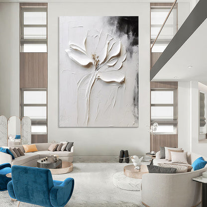 “Sculpted White Flower on Textured Canvas” – Impasto Floral Painting On Canvas CT2106