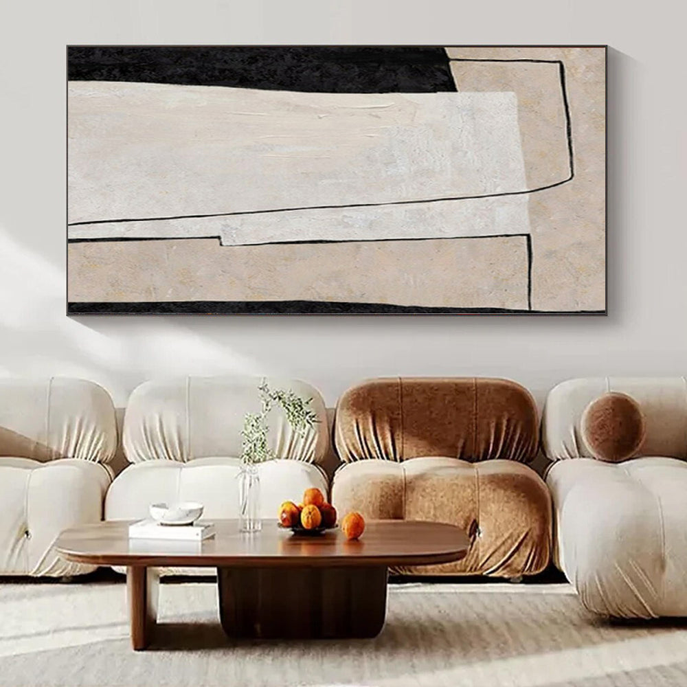 “Black - White - Beige Geometric Overlap” – Geometric Abstract Painting CT1136
