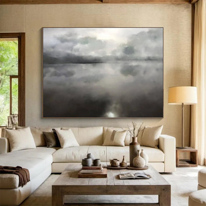 “Misty Gray Lake Reflection” Monochromatic Watercolor - style Painting On Canvas DLZ124
