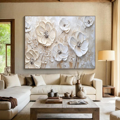 3D White Flowers - Beige & White Floral Painting On Canvas DKH906