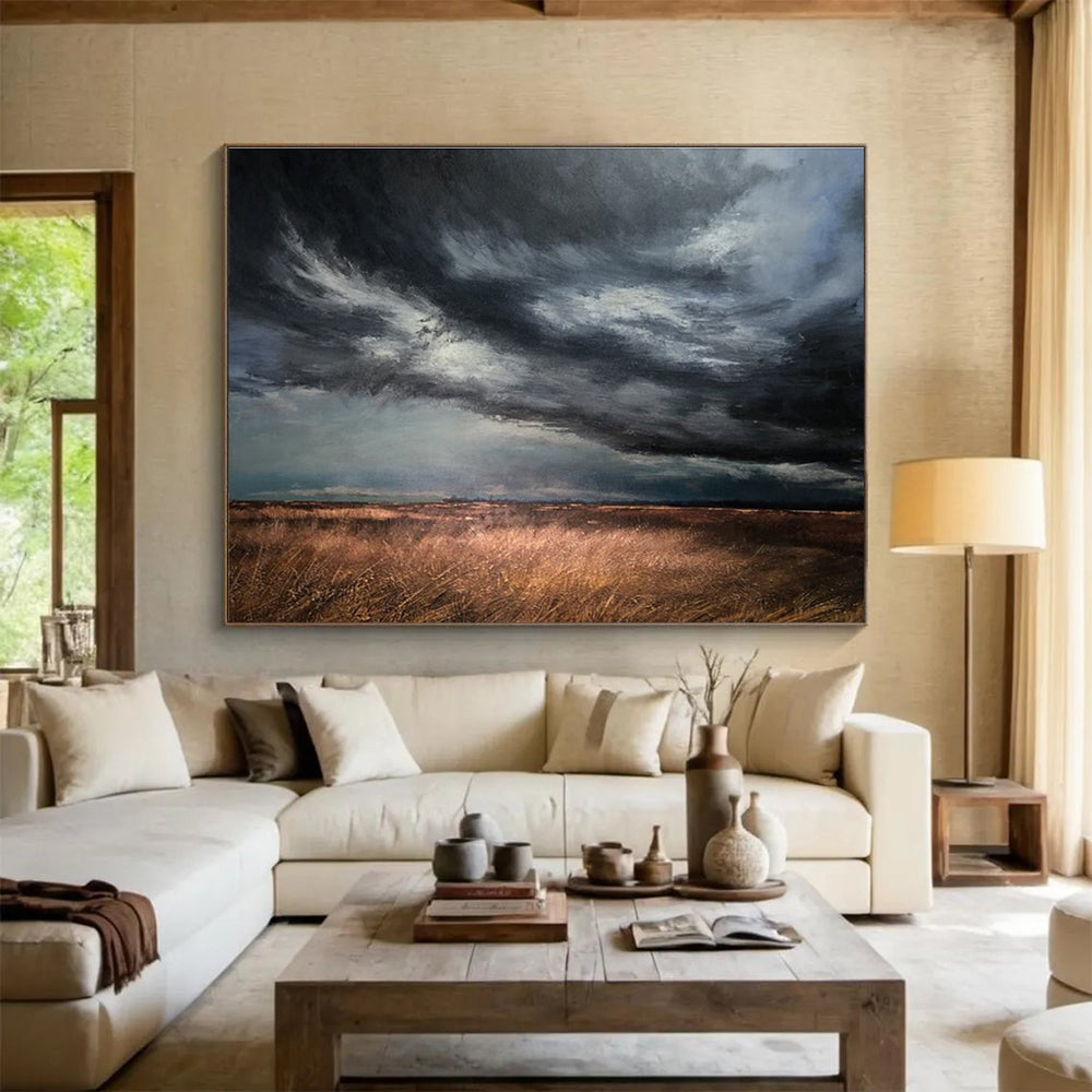 “Dark Stormy Sky Over Fields” - Powerful Landscape Painting On Canvas DKH779