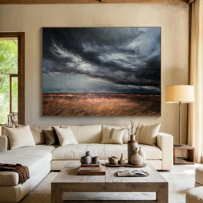 “Dark Stormy Sky Over Fields” - Powerful Landscape Painting On Canvas DKH779