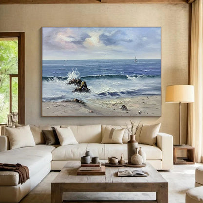 Seascape with Waves and Sailboat - Realist Seascape Painting On Canvas DLZ190