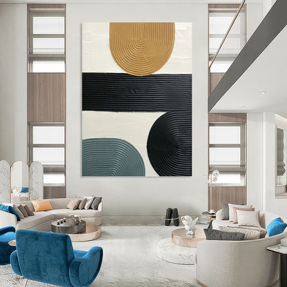 “Neutral Geometric Ribbons” - Black, Tan & Blue Textured Shapes Painting On Canvas DKH1177