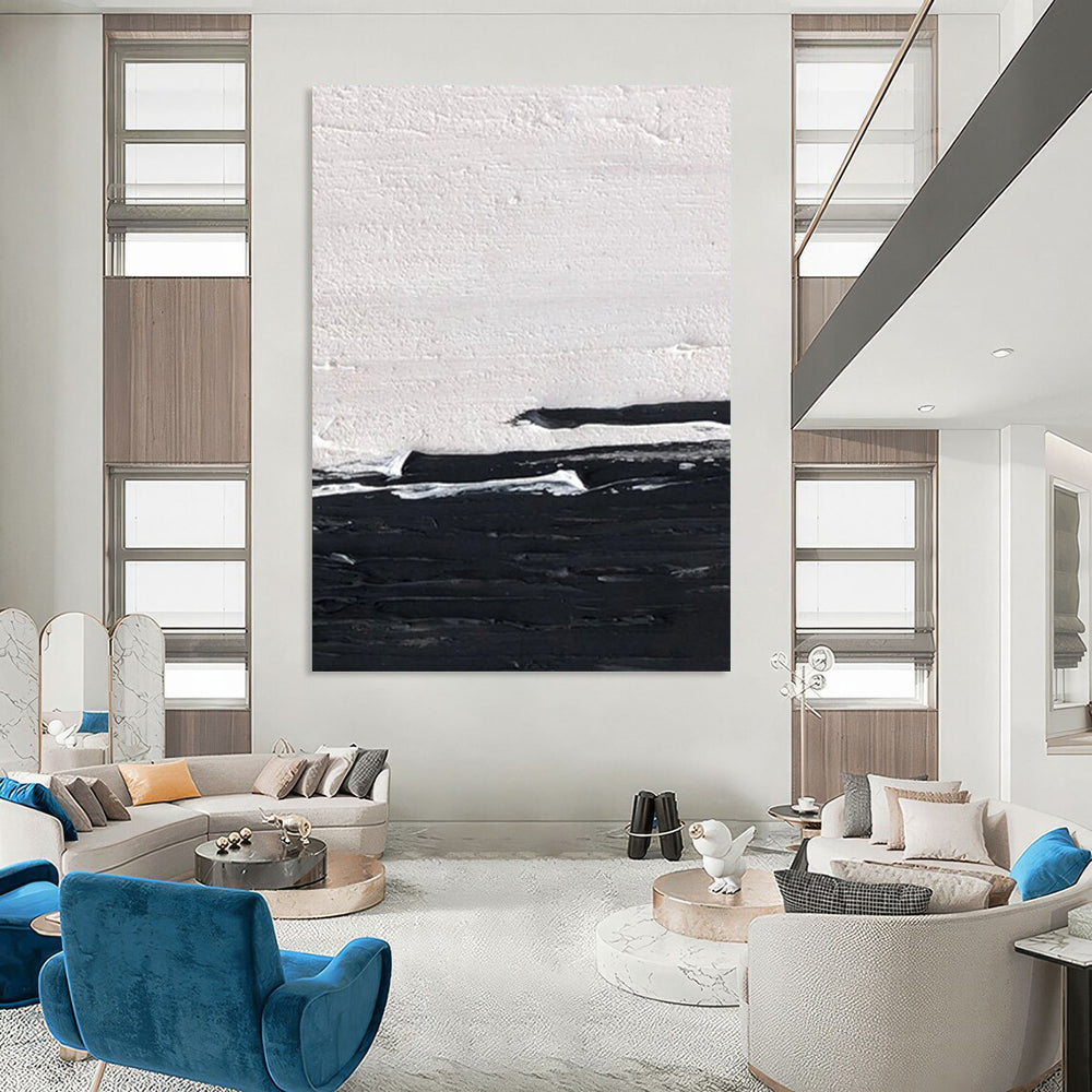 “Black, White Minimalist ‘Silent Horizon’” - Impasto Abstract Painting On Canvas DTP402