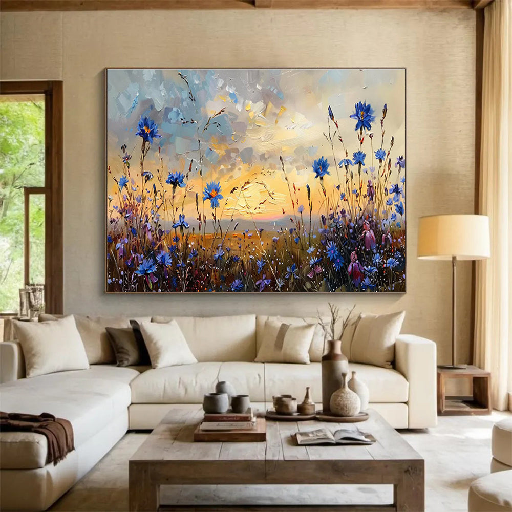 “Dusk Meadow Blues” - Blue, Purple, Orange Floral & Sky Impressionistic Painting On Canvas DKH698