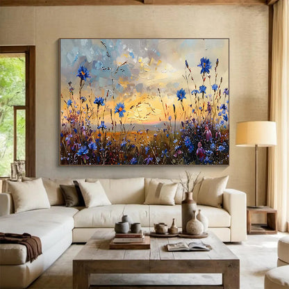 “Dusk Meadow Blues” - Blue, Purple, Orange Floral & Sky Impressionistic Painting On Canvas DKH698
