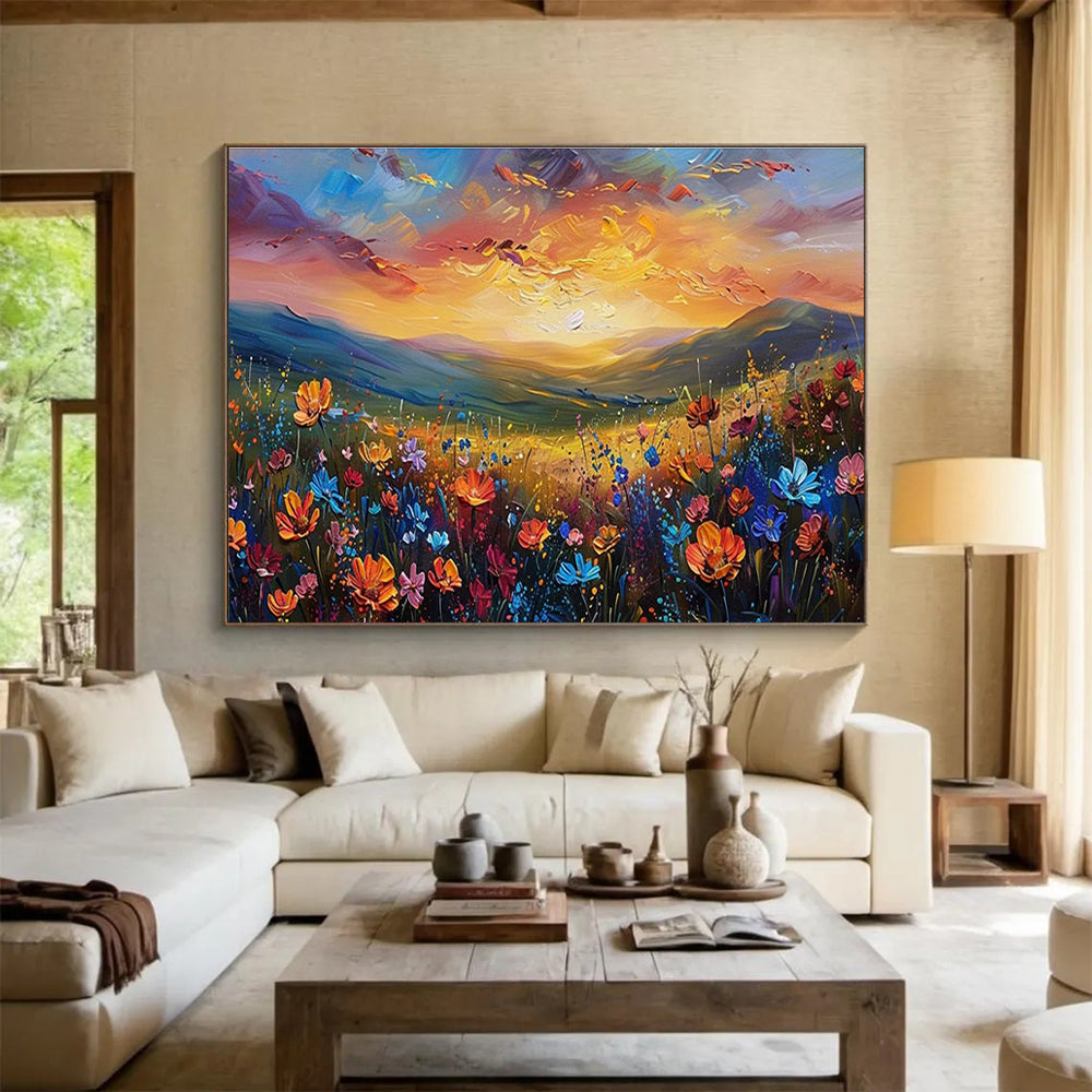 “Sunset Wildflower Valley” - Vibrant Landscape Painting On Canvas DKH837