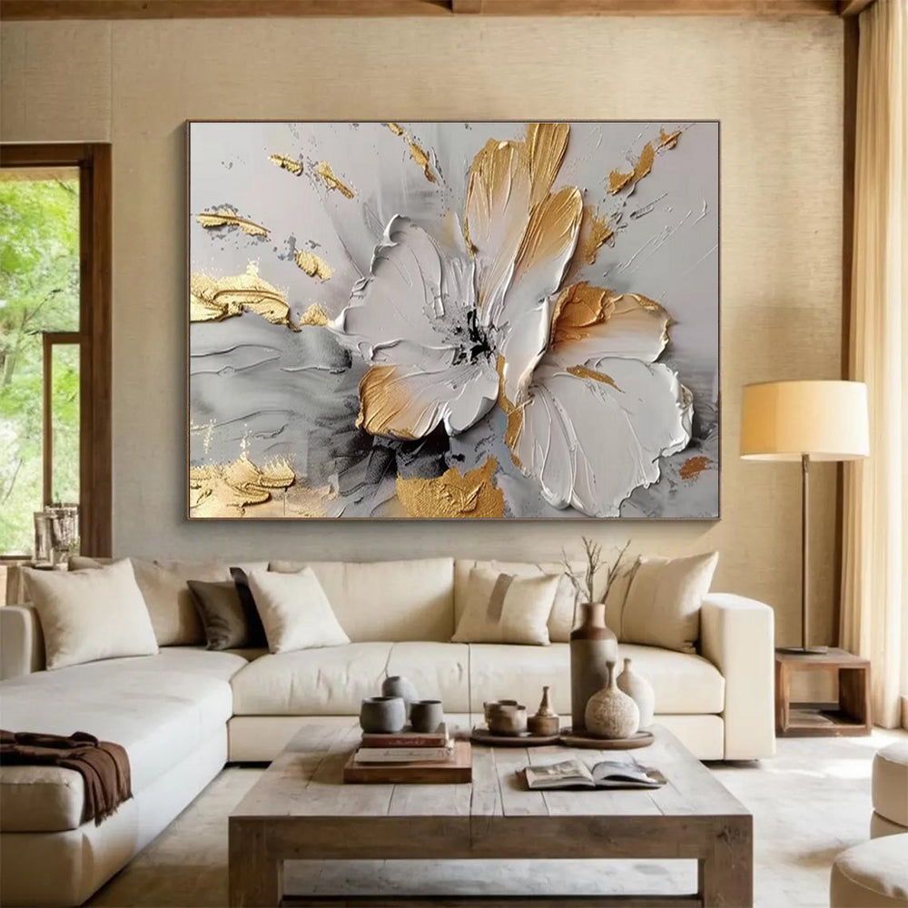 Gold - Accented White Flower in Relief Painting On Canvas DKH677