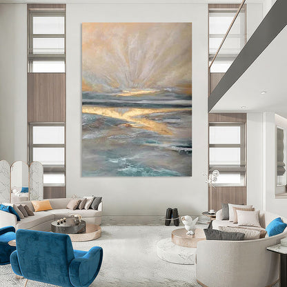 “Golden Horizon - Gold, Blue, Gray Ethereal Seaside” Painting On Canvas DTP264