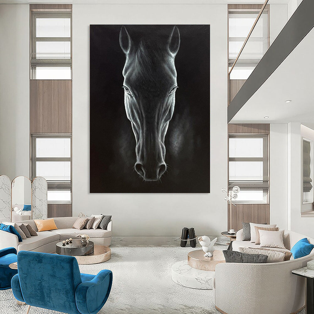 “Realistic Black Horse Portrait” – Hyperrealistic Oil Painting On Canvas CT2177