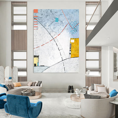 Linear Abstract Landscape - Blues, Reds, and Architectural Elements Painting On Canvas CT2381