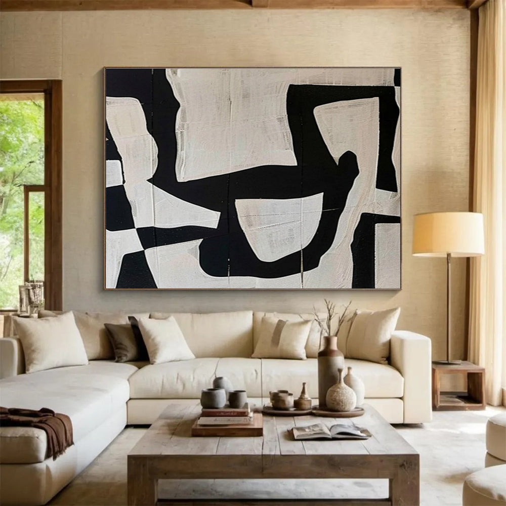“Black & White Collage Abstraction” - Black, White Minimalist Collage Painting On Canvas DKH745
