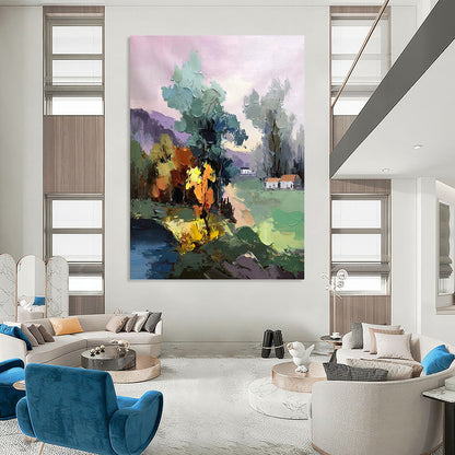 Colorful Village in Pastel Hues - Impressionistic Landscape Painting On Canvas DKH1289