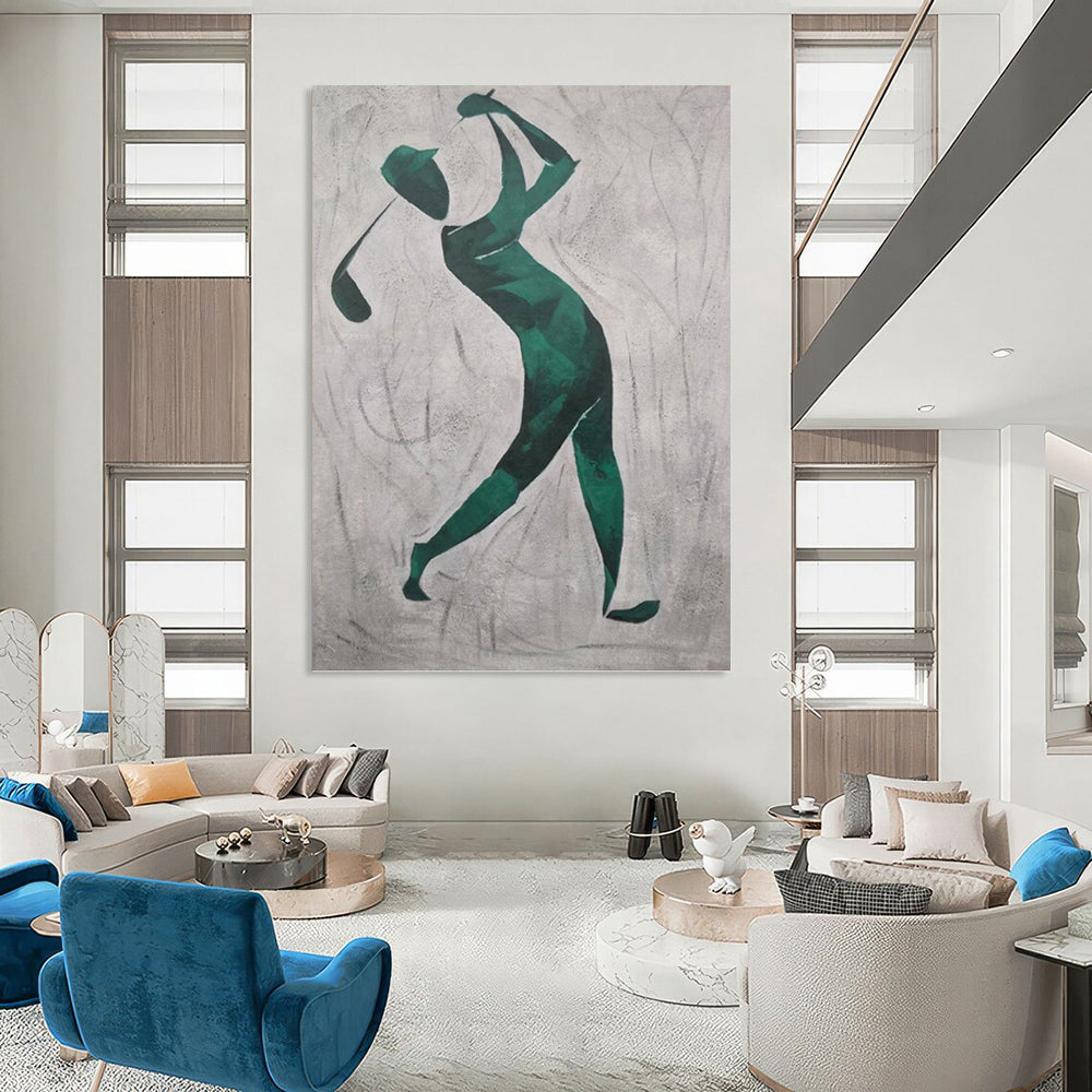 “Golfer in Green” - Green and Gray Abstract Golfer Silhouette Painting On Canvas DKH1561