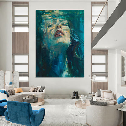 “Underwater Serenity” - Blue & Green Impressionistic Portrait Painting On Canvas DKH1183