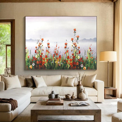 Wildflowers by the Lake - Impressionist Landscape Painting On Canvas DLZ189
