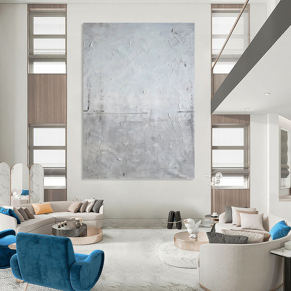 “White Textured Stillness” - Gray & White Minimalist Textured Painting On Canvas DKH1581