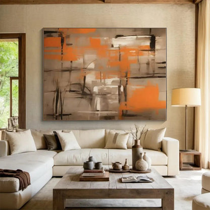 “Orange - Gray Abstract Grid” ，Abstract Acrylic Painting CT0816