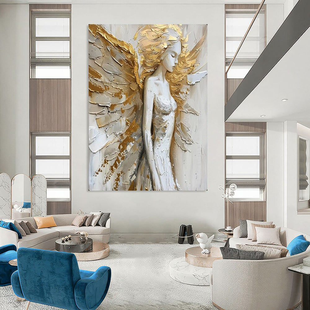 “Golden - Accented Angel Figure” – Textured Religious - Inspired Oil Painting On Canvas CT2138