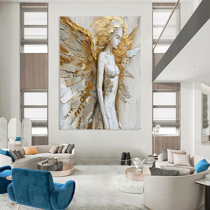 “Golden - Accented Angel Figure” – Textured Religious - Inspired Oil Painting On Canvas CT2138