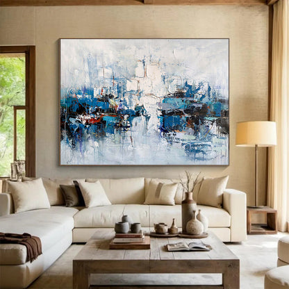 “Blue and White Abstract Harbor” Painting On Canvas DKH162