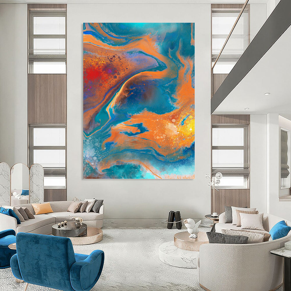 “Vibrant Fluid Abstraction” - Blue, Orange & Red Marbled - Effect Painting On Canvas DKH0940