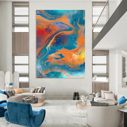 “Vibrant Fluid Abstraction” - Blue, Orange & Red Marbled - Effect Painting On Canvas DKH0940