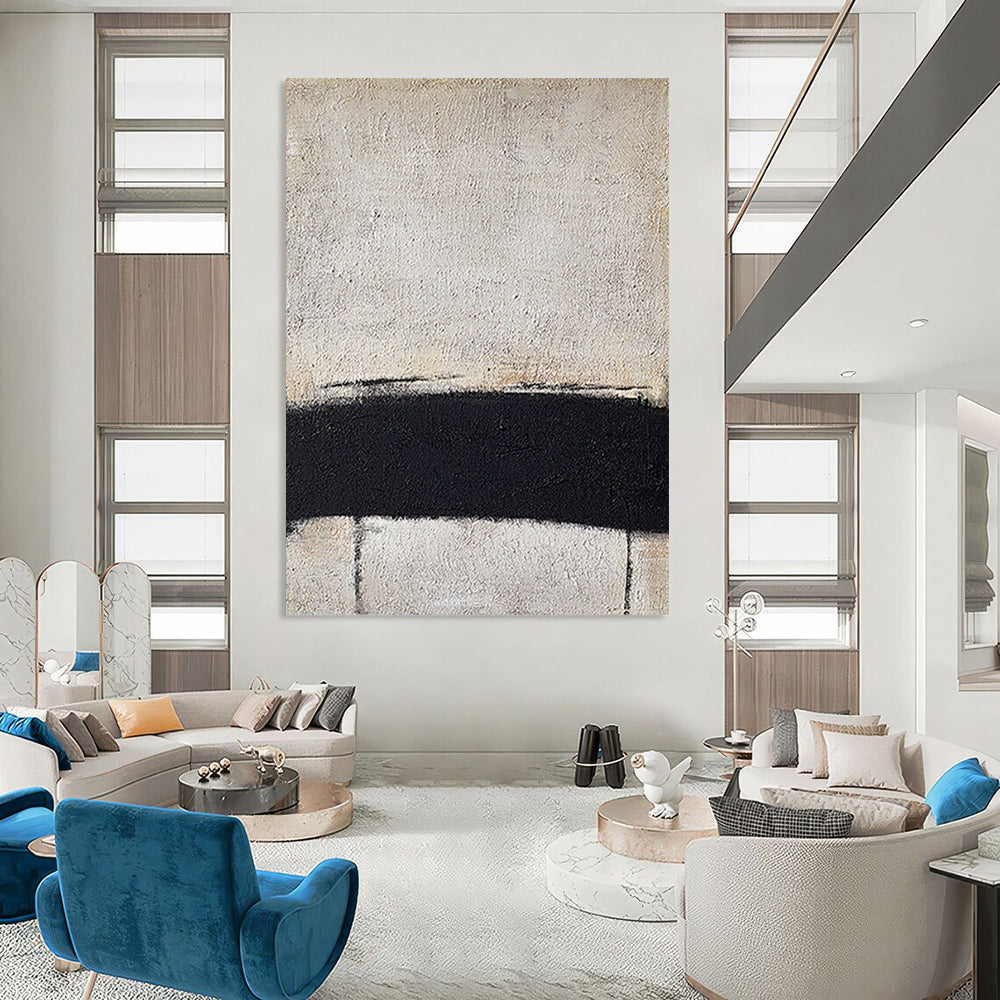 “Black, White Minimalist Line ‘Essence of Form’” - Textured Abstract Painting On Canvas DTP353