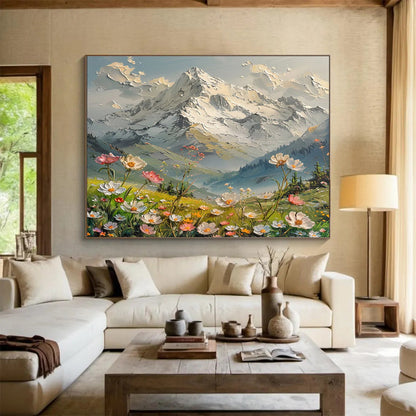 Snowy Mountain and Flower Field Painting On Canvas DKH674