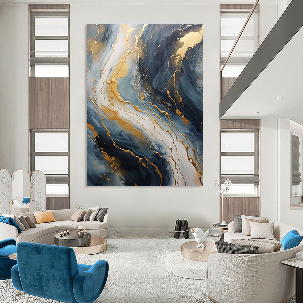 “Blue & Gold Marbled Flow” - Fluid Abstract Painting On Canvas DKH1599