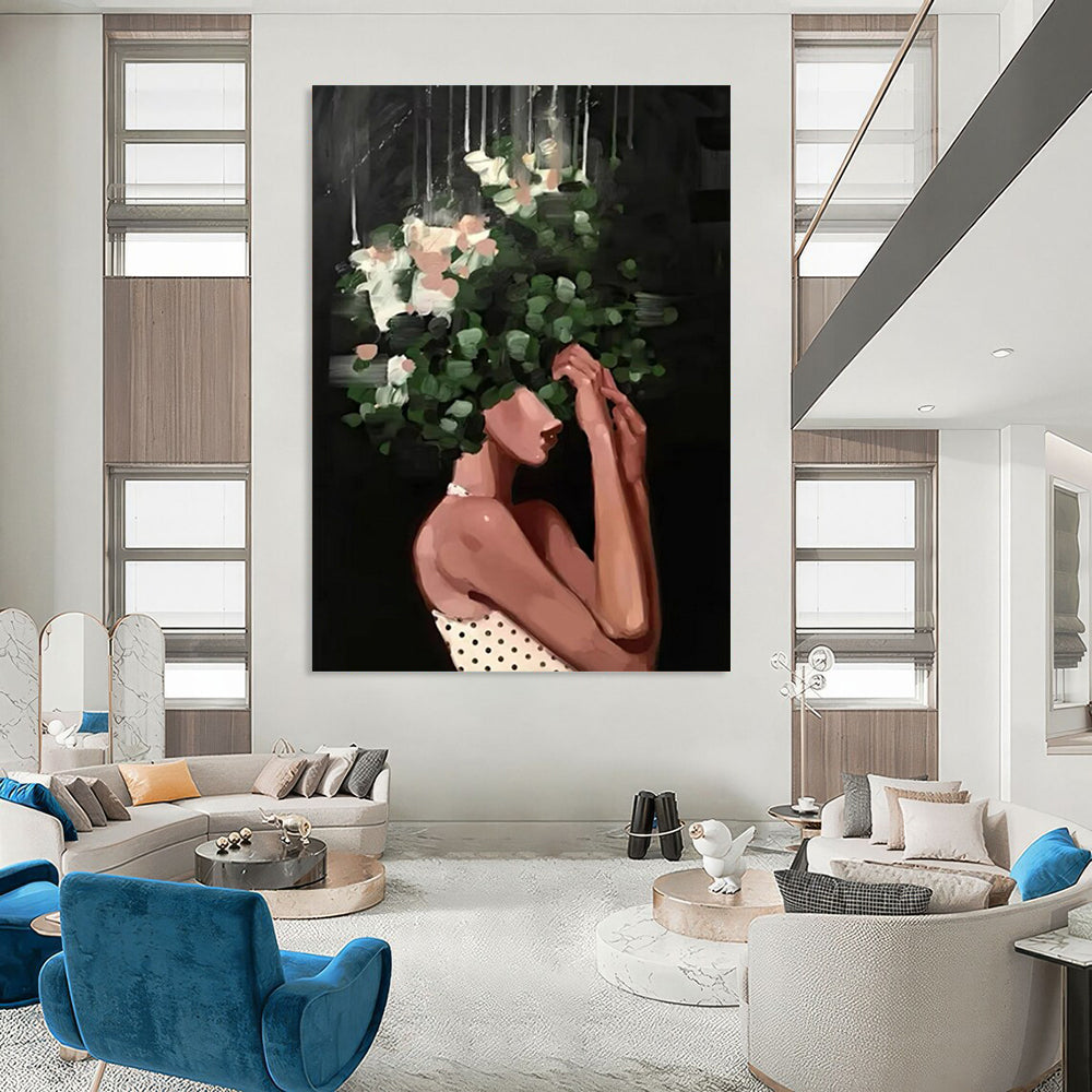 “Black, Green, White Floral Head ‘Botanical Elegance’” - Figurative Flower Painting On Canvas DTP323